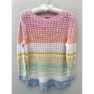 TALBOTS Rainbow Open Knit Sweater Cotton Pastel Stripe Pullover | Petite Medium